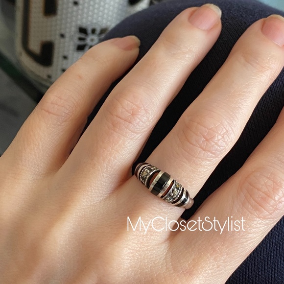 ITALY Sterling Silver Dome Enamel Marcasite Ring 7 - Picture 1 of 4